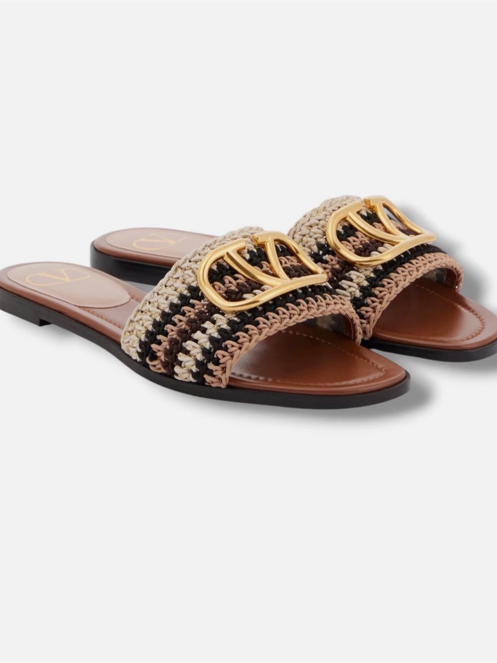 Valentino Garavani Braided Stripe Slide Sandals with Gold Logo